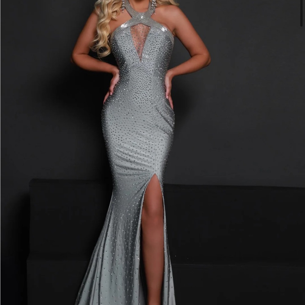 Silver Sequin Embellished Halter Gown